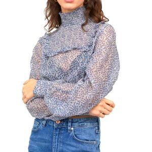 H&M Blue Ditzy floral long-sleeve sheer smocked  cottagecore peasant top, Size 4